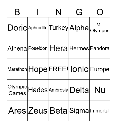 Greek Mythology Bingo Card