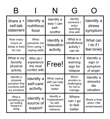 Relapse Prevention Bingo Card