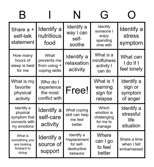 Relapse Prevention Bingo Card