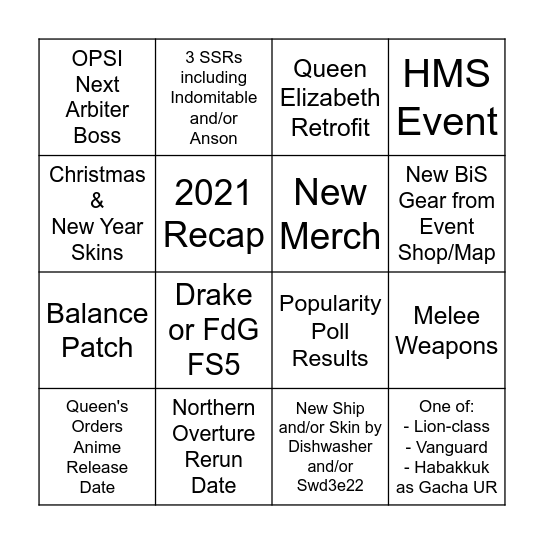 Azur Lane Christmas Livestream 2021 Bingo Card