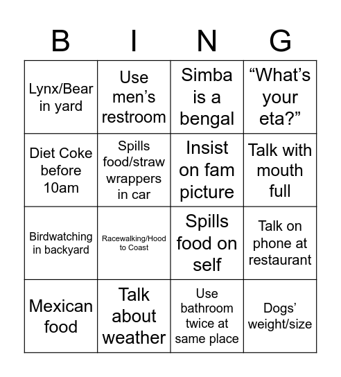 Mom/Dad Wacko Bingo Card