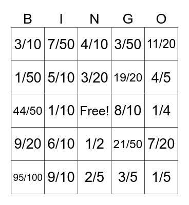 Percent to Fraction Bingo Card
