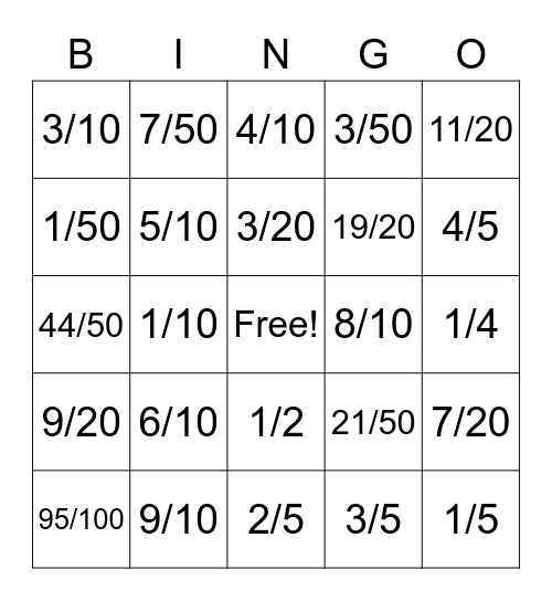 Percent to Fraction Bingo Card