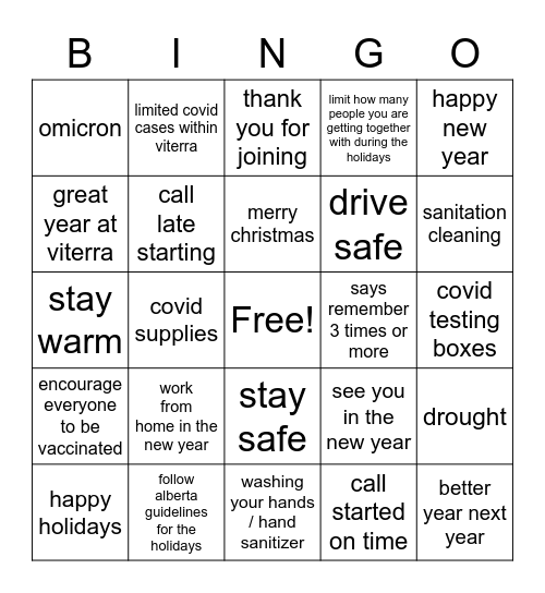Christmas Covid Call Bingo Card