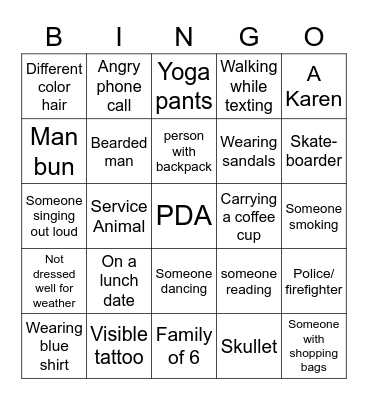 People Watching Bingo Card