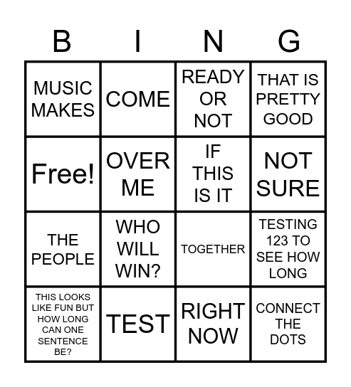 Testing 123 Bingo Card