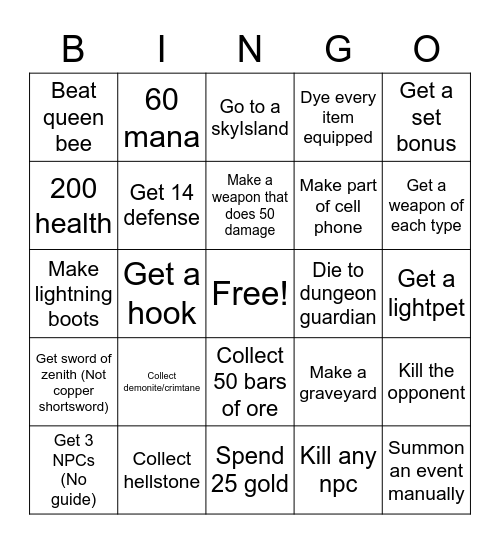 Terraria Bingo Card