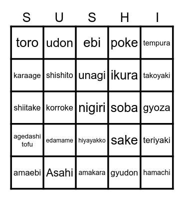 SUSHI BINGO!!! Bingo Card