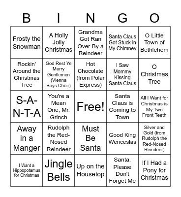 Christmas Kid Songs Bingo Card