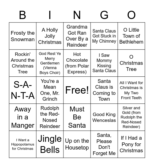 Christmas Kid Songs Bingo Card