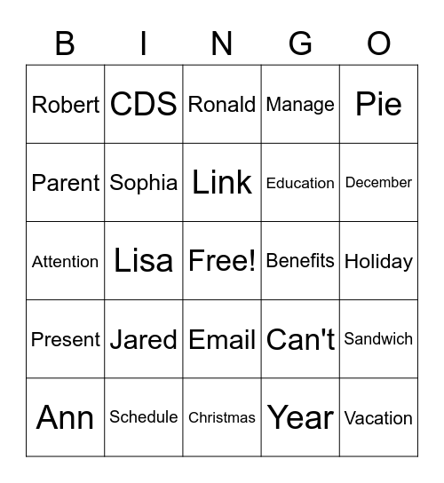 Holiday Team Meeting Bingo Card