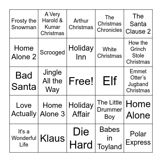 Christmas Movie Bingo Card