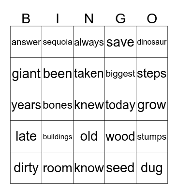 A Little at a Time  &  The Giant Trees Bingo Card