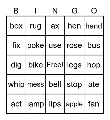 Phonics Bingo Card