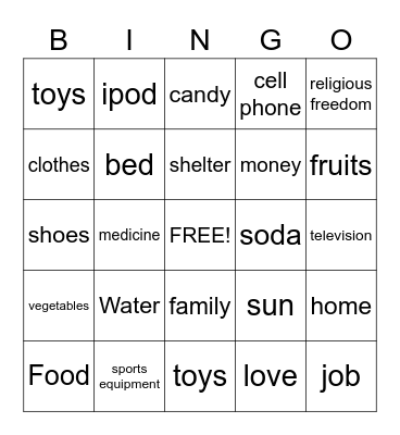 Needs vs. Wants Bingo Card