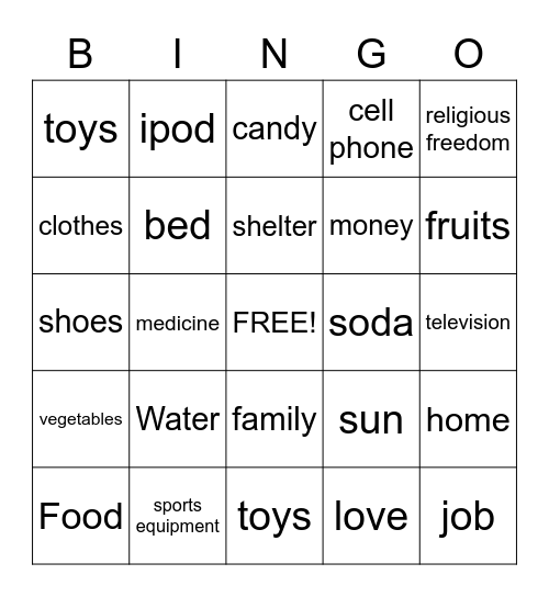 Needs vs. Wants Bingo Card