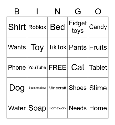 Needs vs. Wants Bingo Card