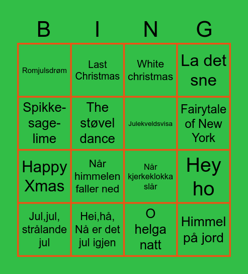 Minas julemusikkbingo Card