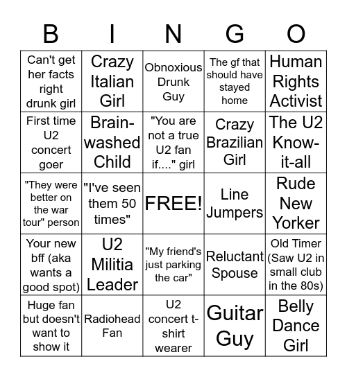 U2 GA Line Bingo Card