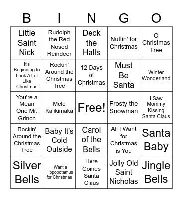 Holiday Songs Bingo Card