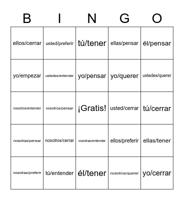 Stem-Changing Verbs e→ie Bingo Card