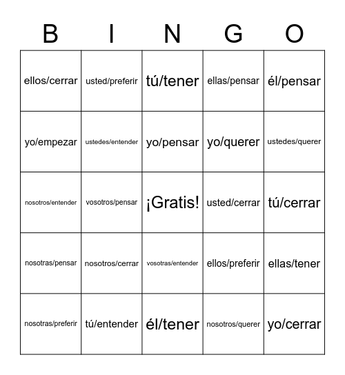 Stem-Changing Verbs e→ie Bingo Card