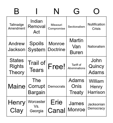Era of Good Feelings and Common Man Bingo Card