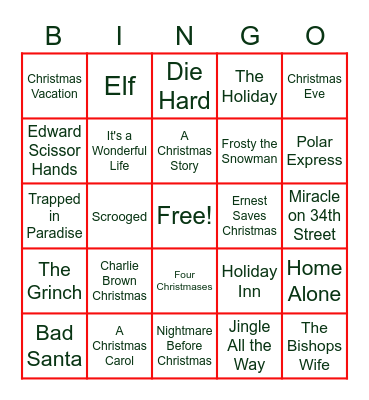 Christmas Movie BINGO Card