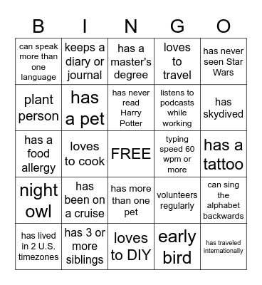 Get to Know You Bingo Card