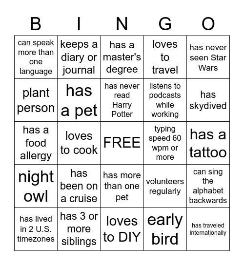 Get to Know You Bingo Card