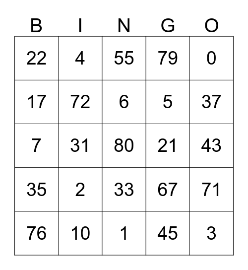 Number Bingo! Bingo Card