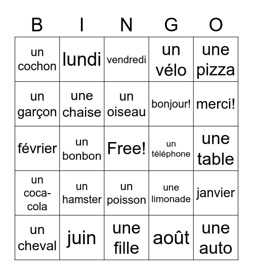 UAR FRENCH Bingo Card