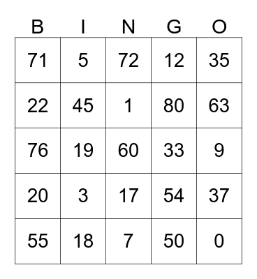 Number Bingo  Bingo Card