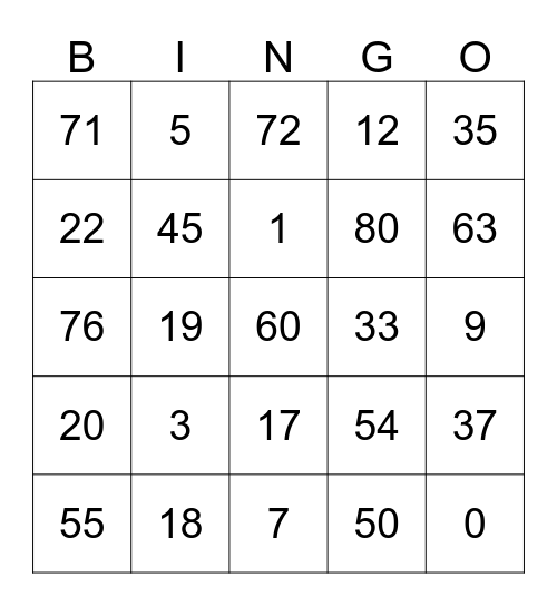 Number Bingo  Bingo Card