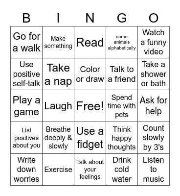 Coping Skills Bingo Card