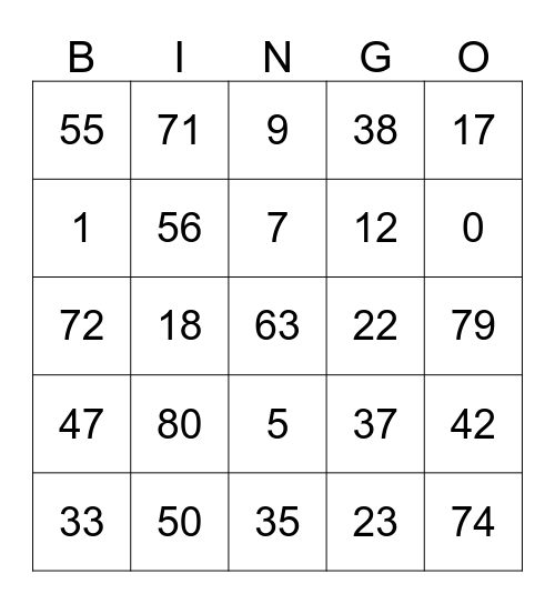 Number Bingo Card