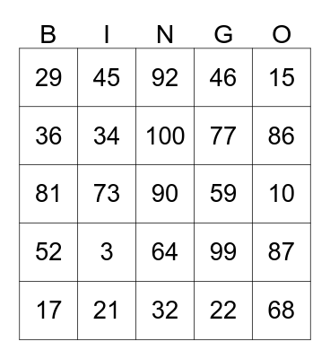 Number Bingo Card