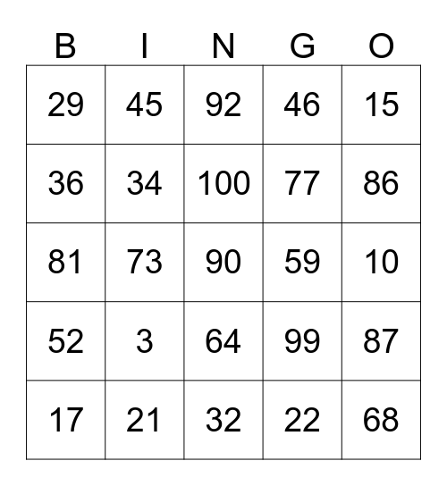 Number Bingo Card