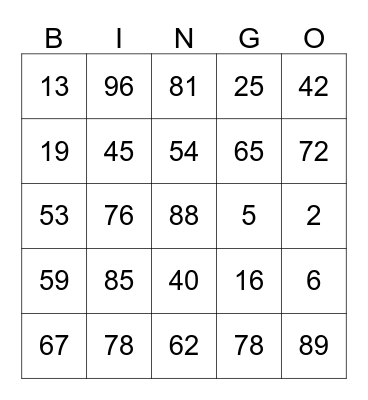 Number Bingo  Bingo Card