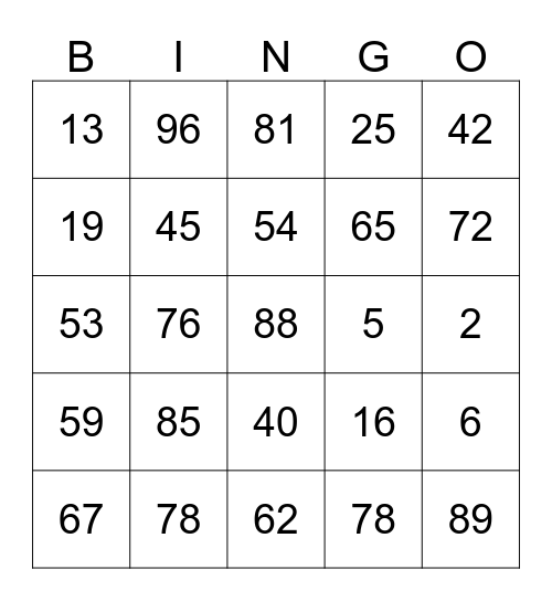 Number Bingo  Bingo Card