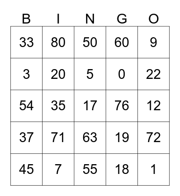 Number Bingo Card