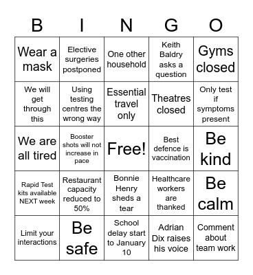 BC COVID Response Bingo Card