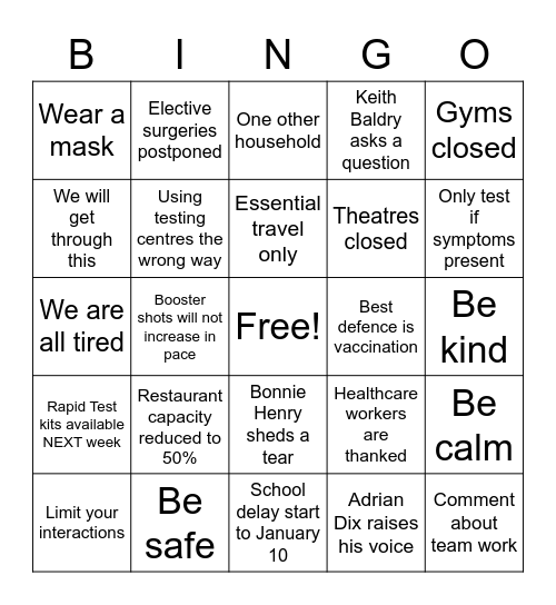 BC COVID Response Bingo Card