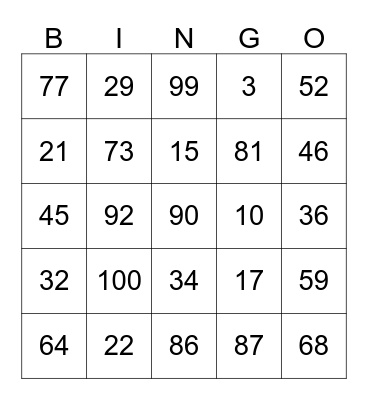 Number Bingo Card