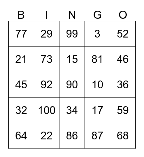 Number Bingo Card