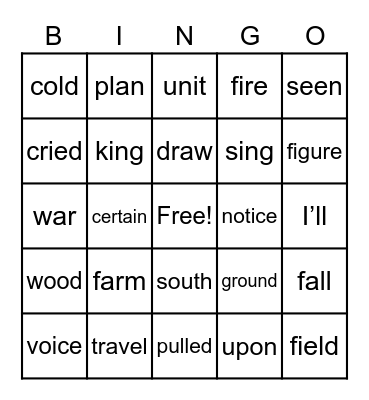 Sight Word Bingo Card