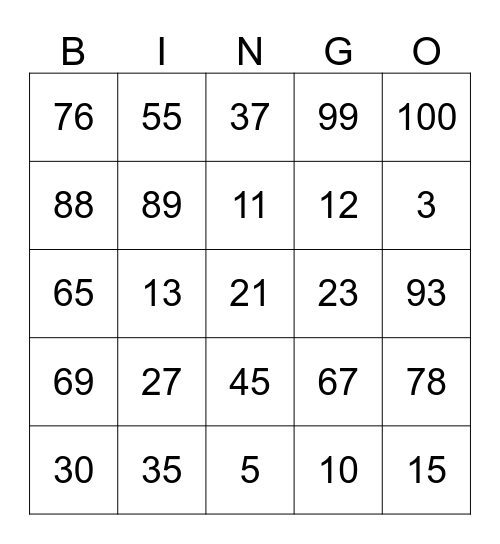 Number Bingo Card