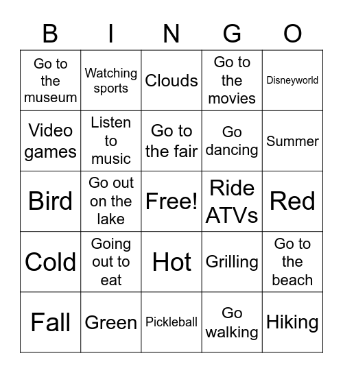 Nature/Seasons ESL Bingo Card