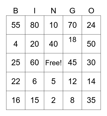 Multiplication Bingo Card