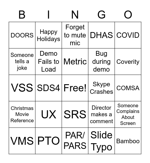 Sprint Demo Holiday BINGO Card
